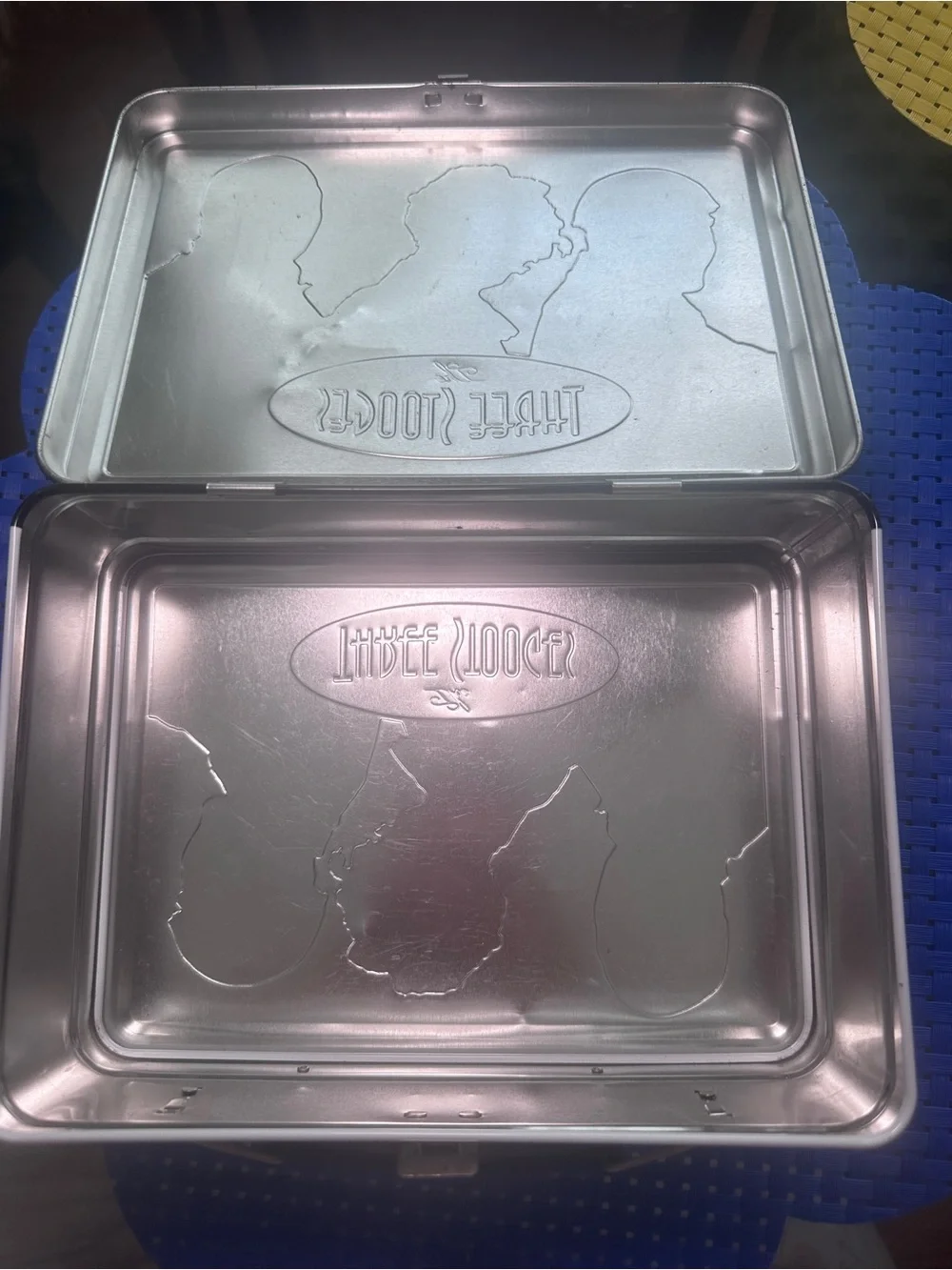 Vintage-style Blue Metal Lunchbox with Classic Comedy Artwork
